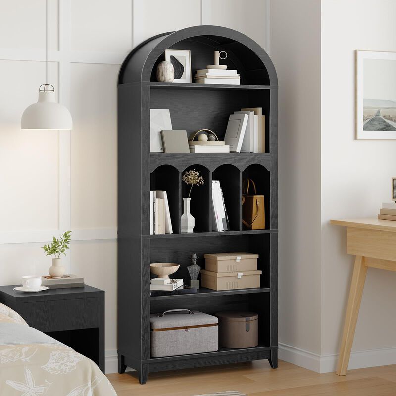 Arched 5 Tier Bookshelf with Storage, Decorative Open Shelf Bookcase-Black image number 1