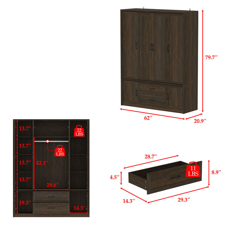 FUFU&GAGA 6-Door 2-Drawer Wardrobe with Black Metal Handles, Dark Brown Wood Grain Finish (62"W x 20.9"D x 79.7"H), Dark Brown