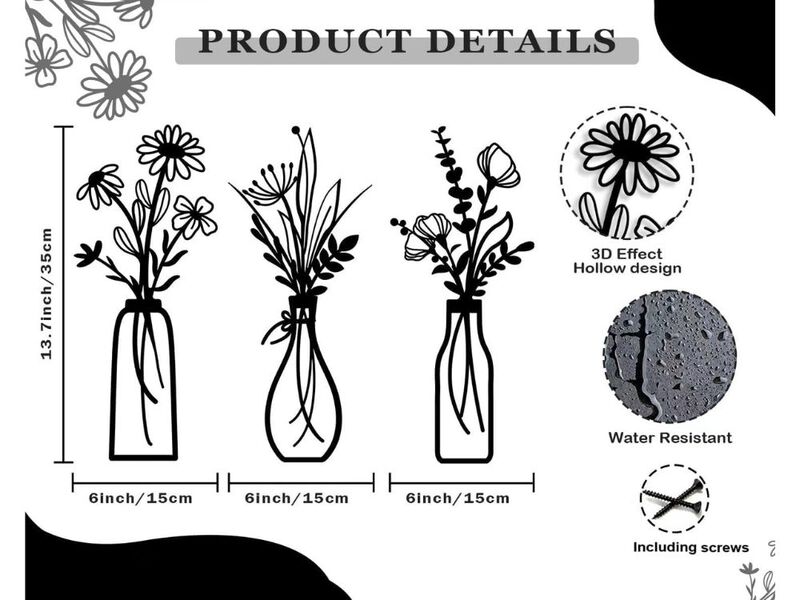 Metal Flower Wall Art Set of 3 Rustic Farmhouse Minimalist Decor for Living Room image number 2