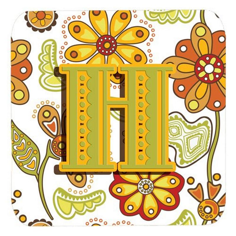 Caroline's Treasures CJ2003-HFC Letter H Floral Mustard and Green Foam Coasters (Set of 4), 3.5, Multicolor