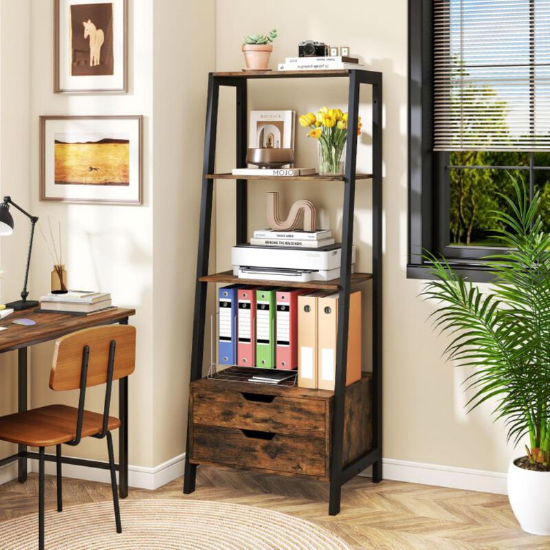 Hivvago 4-Tier Ladder Shelf with 2 Drawers Tall Freestanding Bookcase