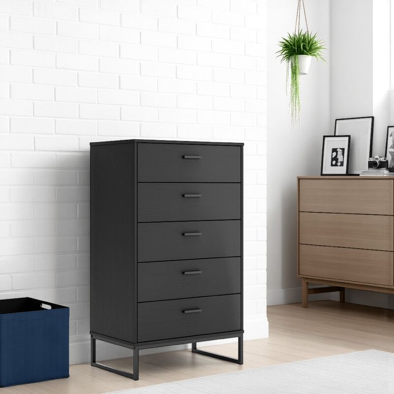 Alli Tall Dresser Chest, 5 Drawers, Matte Black, Metal Base, 51 Inch