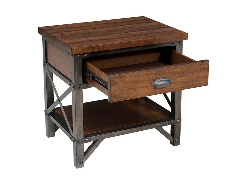 Wooden Nightstand with Metal Block Legs and Open Shelf, Brown - Benzara