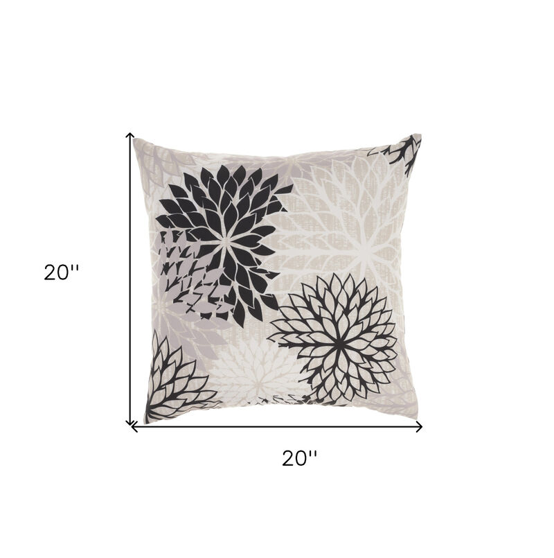 HomeRoots 20" Black Gray and White Handmade Floral Indoor Outdoor Throw Pillow image number 5