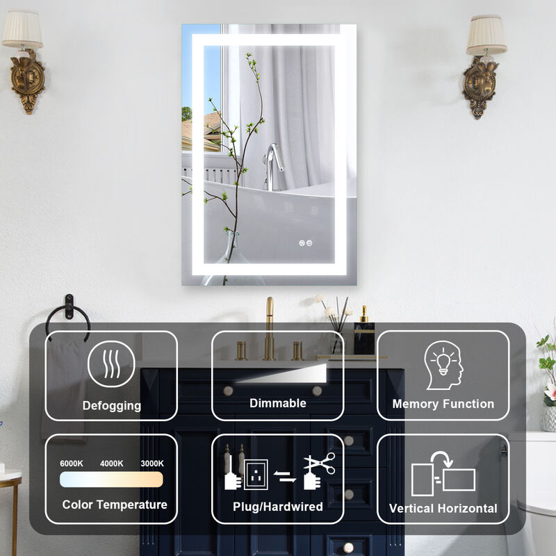 24x32 Inch LED Lighted Bathroom Mirror with 3 Colors Light, Wall Mounted Bathroom Vanity Mirror with Touch Button, Anti-Fog Dimmable Bathroom Mirror (Horizontal/Vertical)