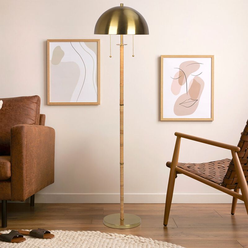 ELEMENT ACE Stylish Two-Light Floor Lamp with Natural Rattan Accents and Elegant Brass Finish for Modern Home Decor image number 3