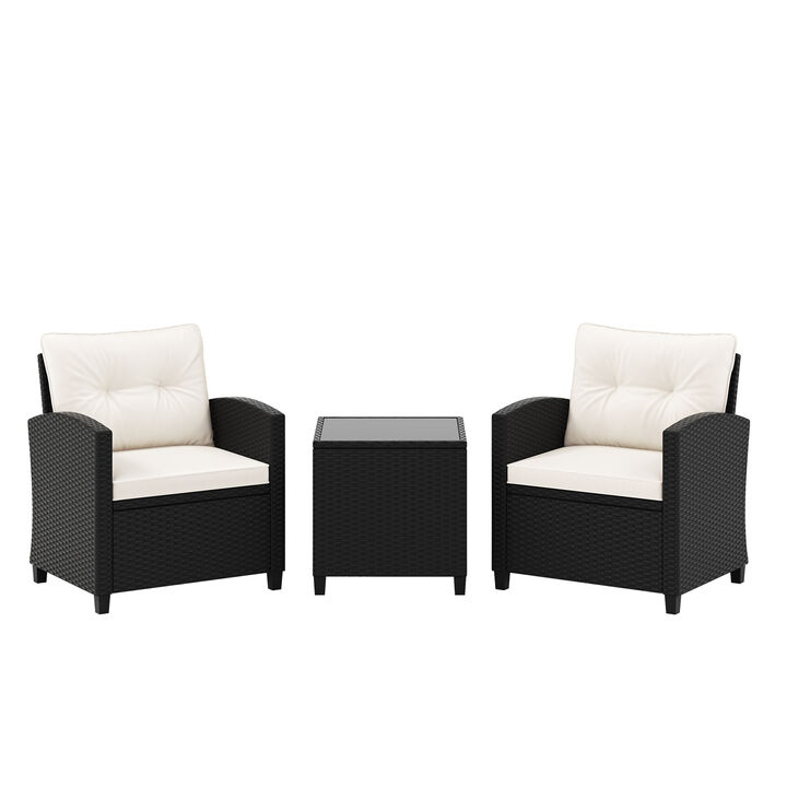 3 Pieces Patio Furniture Set with Tempered Glass Coffee Table