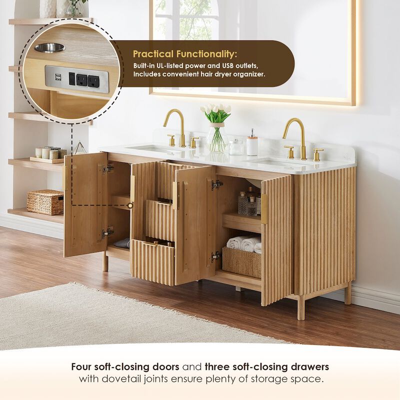 Altair-12 Double Bathroom Vanity in Washing Light Brown Grain White Engineered Stone