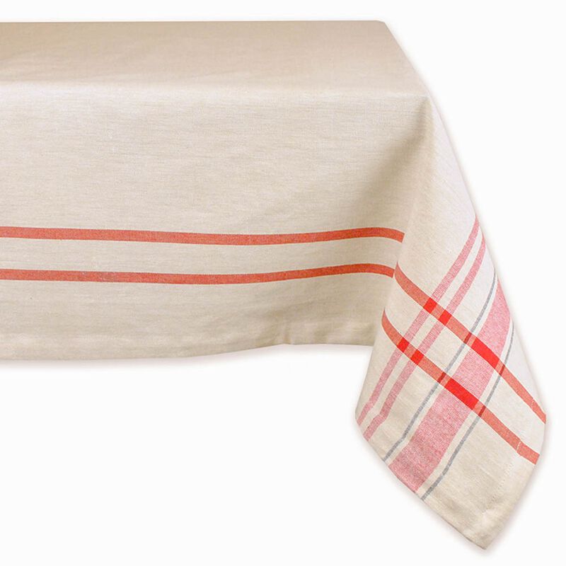 84" x 60" Ivory and Red Striped Rectangular Tablecloth