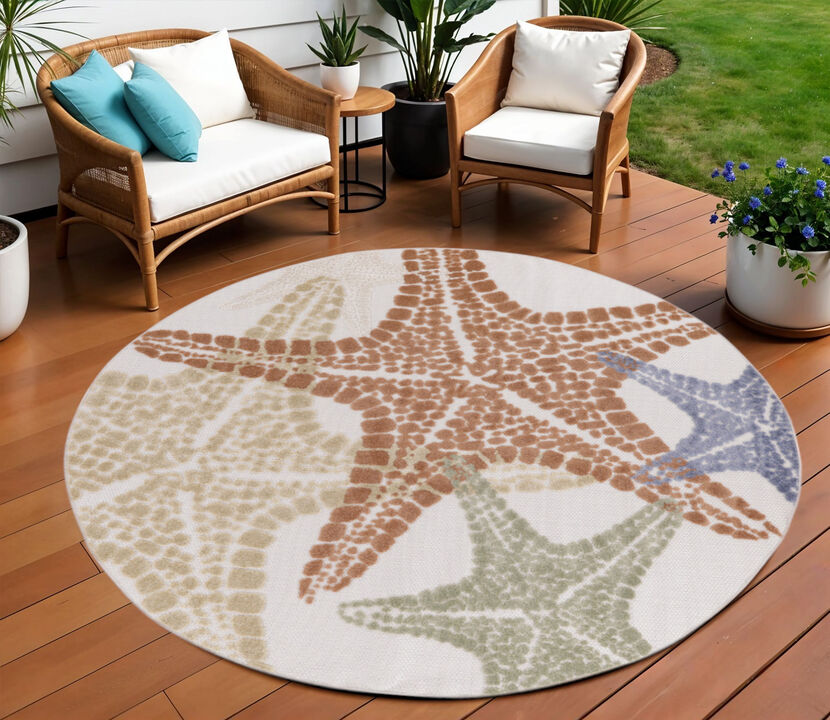 HomeRoots 8' Ivory Yellow Orange And Green Round Starfish Indoor Outdoor Area Rug