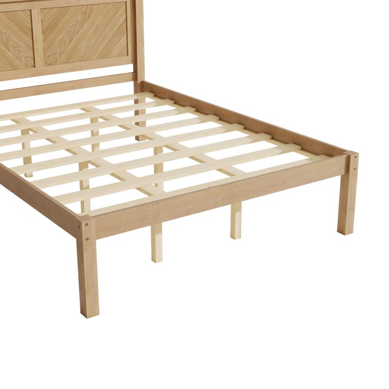 Queen Solid Wood Platform Bed with Herringbone Headboard, Natural Oak Finish, Farmhouse image number 3