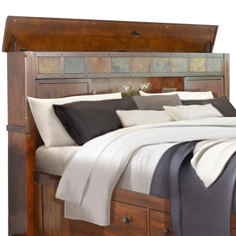 Odell Queen Size Bed w Storage Footboard, Bookcase Headboard, Brown