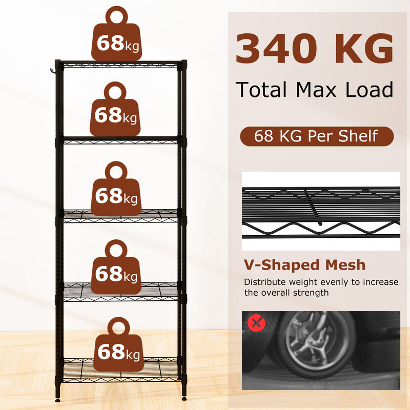 5 Tier Metal Storage Rack Set of 2 with V Shaped Wire Shelves for Home-Black image number 5