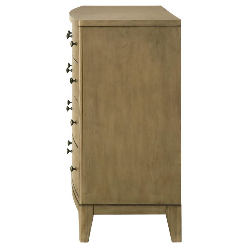 Heon Wide Dresser, 8 Drawers w Round Nickel Knobs, Natural Brown Pine - Benzara