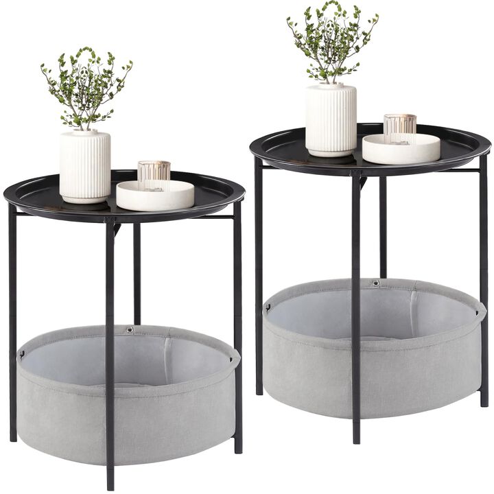 VECELO Round Side/End Table with Fabric Storage Basket
