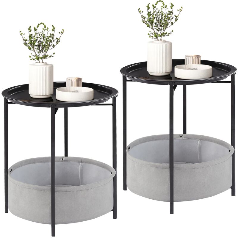 VECELO Round Side/End Table with Fabric Storage Basket