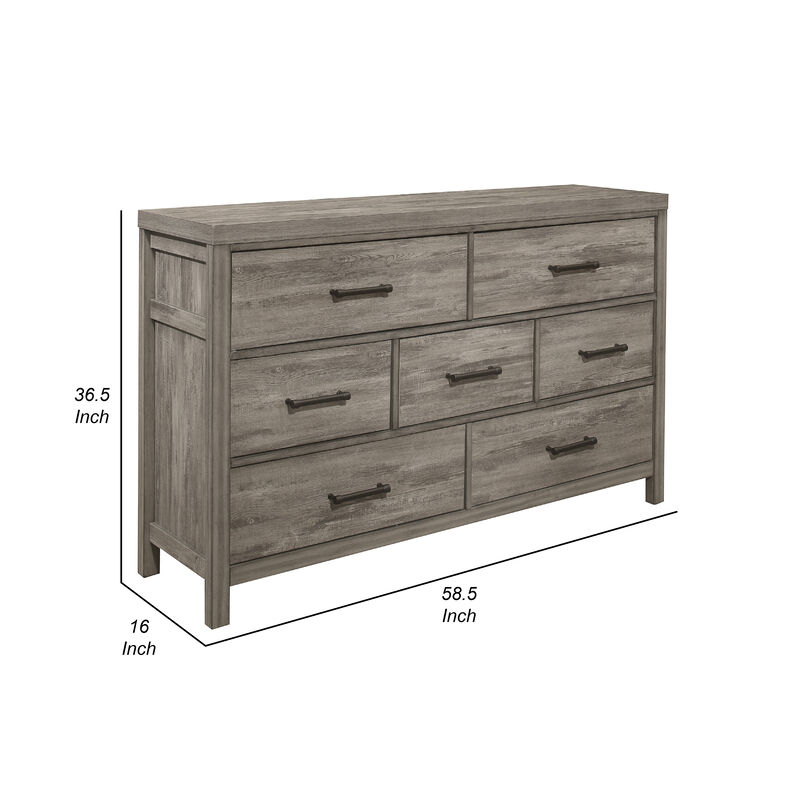 Rie 59 Inch Dresser, 7 Drawers, Weathered Gray Melamine Laminate - Benzara