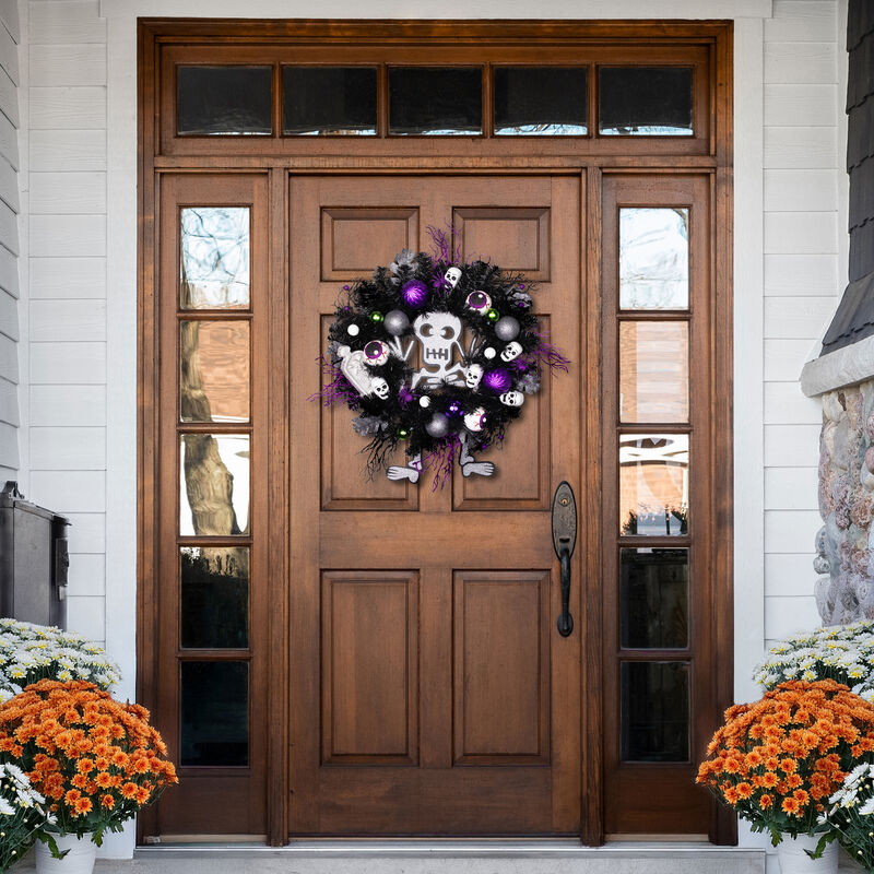 Purple and Black Spooky Skeleton Pine Halloween Wreath  24-Inch  Unlit image number 1