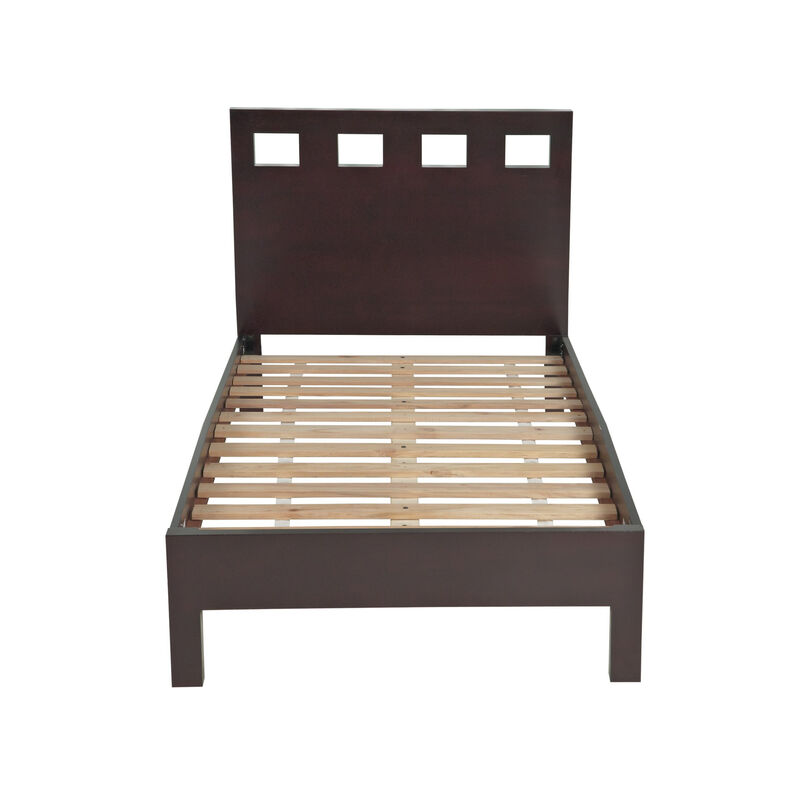 Yee Queen Size Platform Bed, Cut Out Panel Headboard, Espresso Brown Wood - Benzara