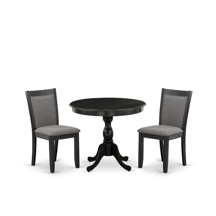 East West Furniture 3-Piece Dining Set Consists of a Round Pedestal Table with Drop Leaves and 2 Dark Gotham Grey Linen Fabric Dining Chairs - Wire Brushed Black Finish