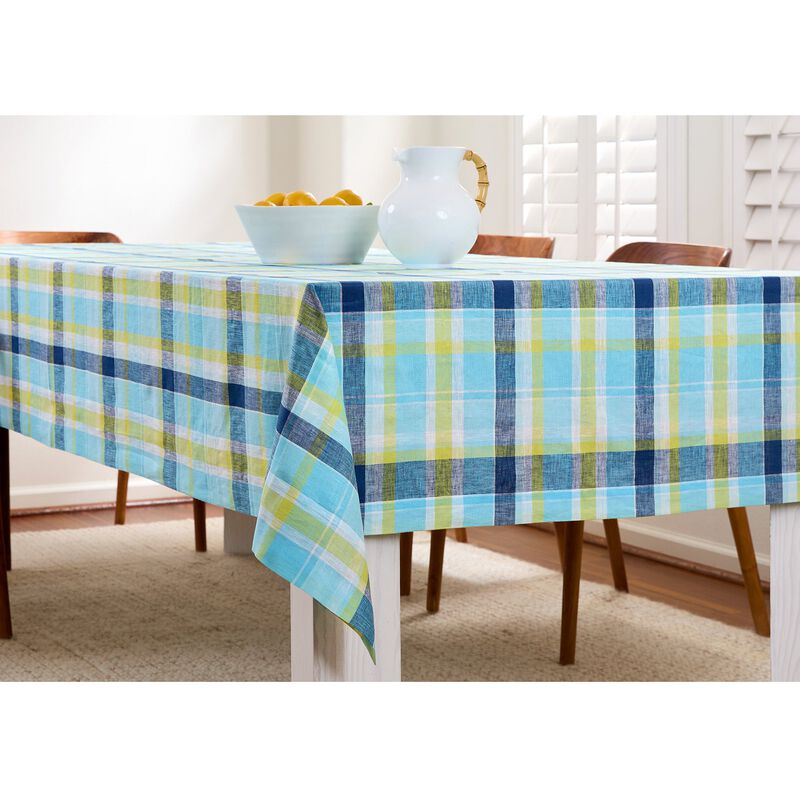 Solino Home Summer Madras Plaid 100% Linen Tablecloth &ndash; Handcrafted, Machine Washable, Perfect for Holiday and Everyday Dining