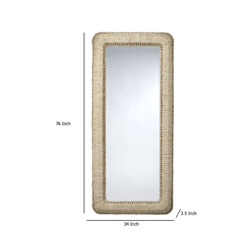 Holo Floor Mirror, 76 Inch Tall Frame, Natural Brown Woven Cornhusk - Benzara