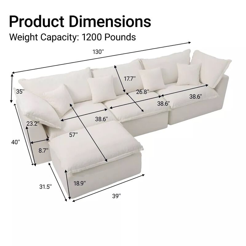 Vipbear 130 Inch Oversized Modular L Shaped Cloud Sectional Sofa with Movable Ottoman, Living Room image number 1