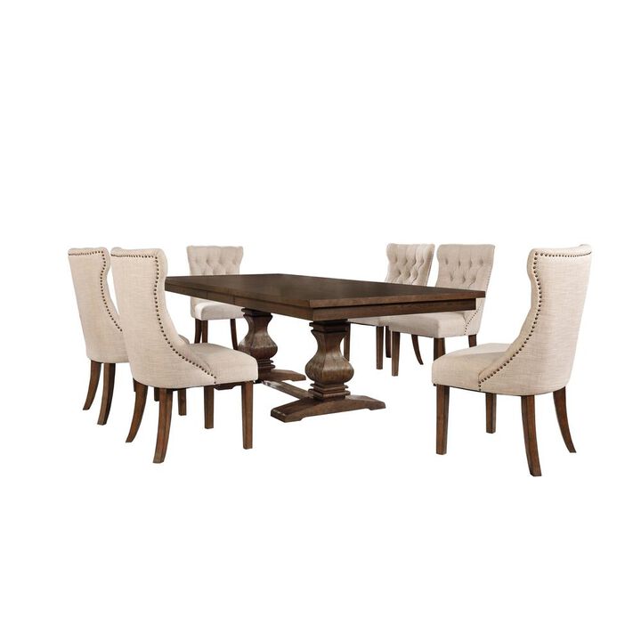 Classic 7pc Dining Set w/Uph Side Chairs Tufted & Naildhead Trim, Table w/Center 18" Leaf