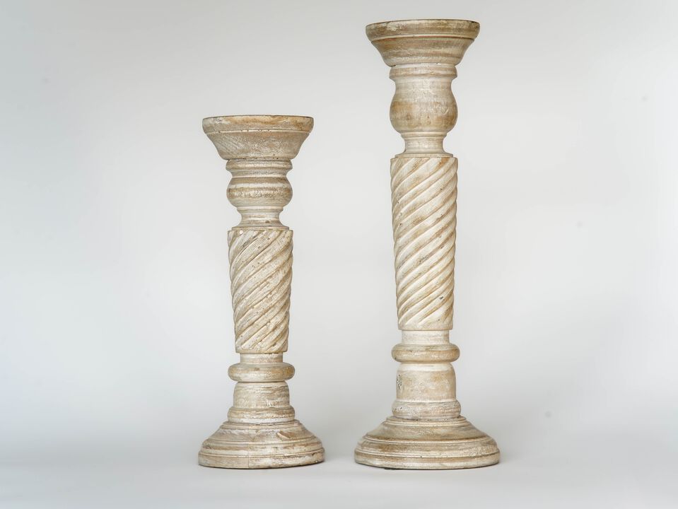BBH Homes Traditional Antique White Eco-friendly Handmade Mango Wood Set Of Two 6" & 9" Pillar Candle Holder