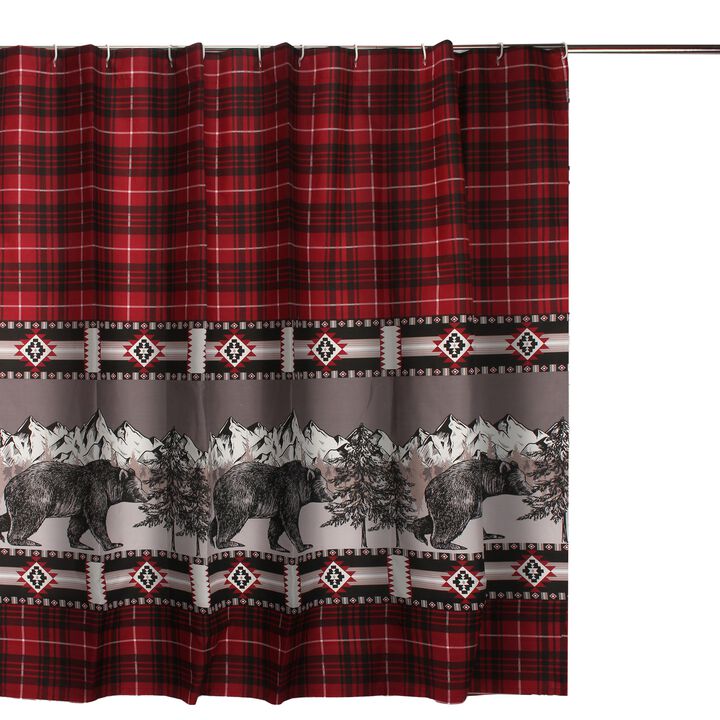 Sofia 72 Inch Bear Shower Curtain, Red and Black Plaid, Poly Microfiber-Benzara