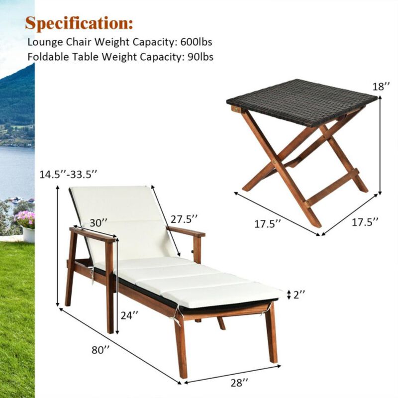 Hivvago 3 Pieces Portable Patio Cushioned Rattan Lounge Chair Set with Folding Table
