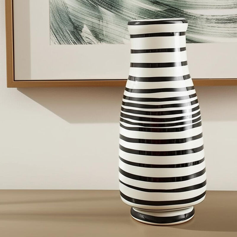 HomeRoots 18" Black And White Hand Painted Stripe Ceramic Table Vase image number 1
