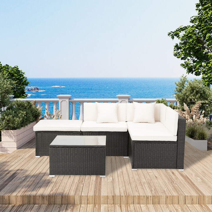 MONDAWE 5-Piece Outdoor Patio L-Shaped Sectional Sofa Set with Black Rattan Wicker & Beige Cushion