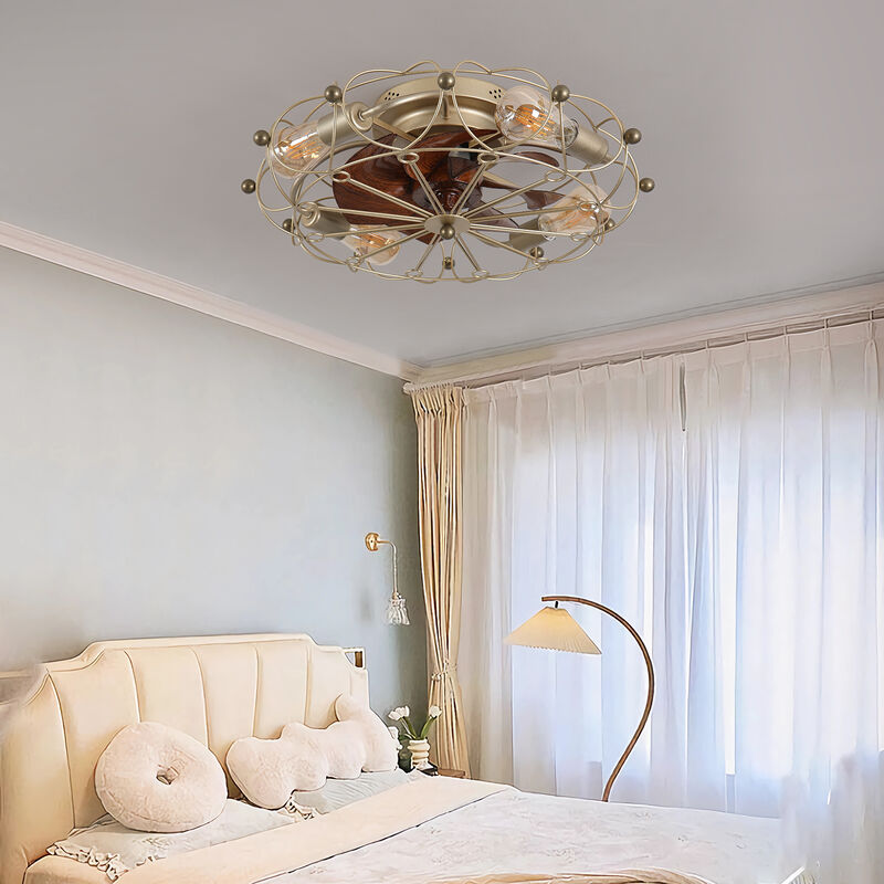 20" Gold Low Profile Caged Ceiling Fan with Lights & Remote &ndash; Industrial Flush Mount Fan image number 4