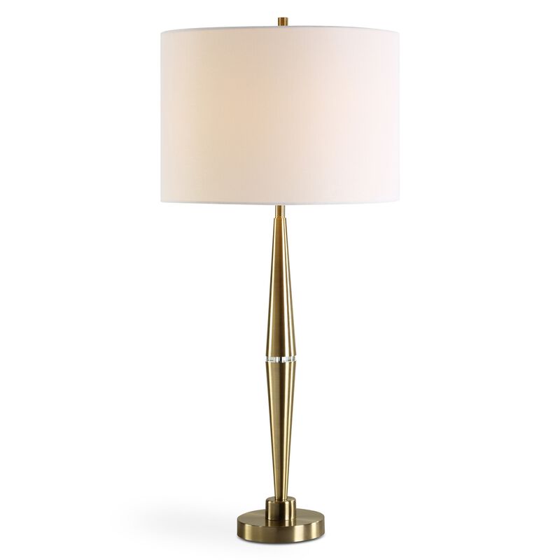 Modern Accent Table Lamp, White Linen Drum Shade, Gold Metal Tapered Base - Benzara