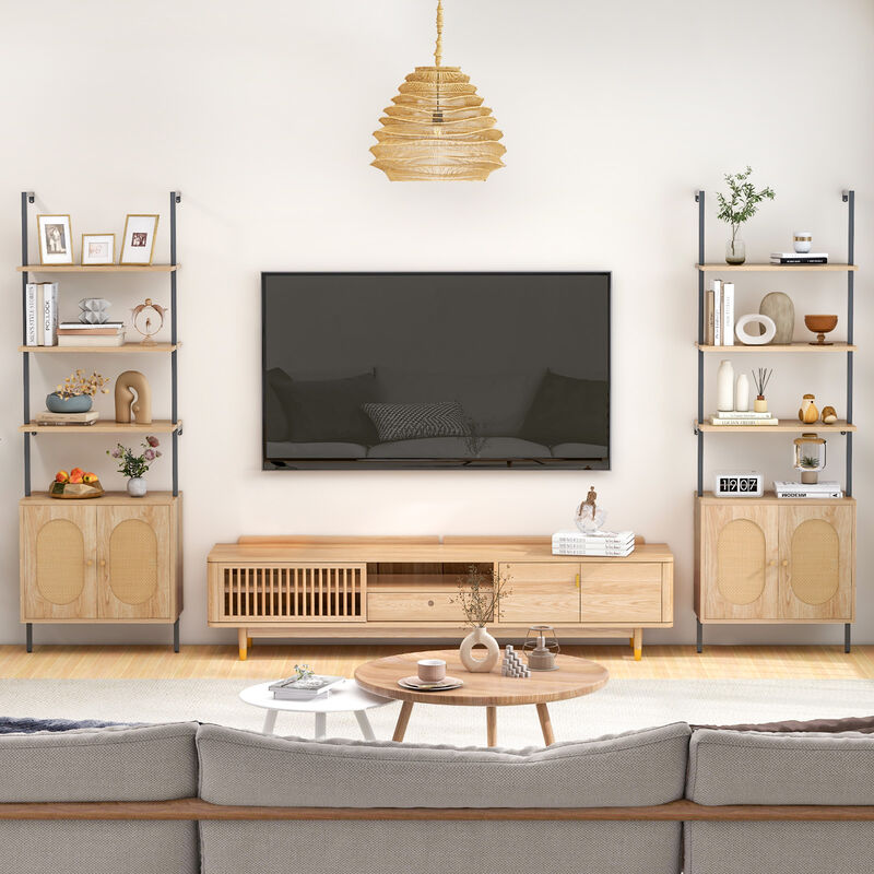 6-Tier Wall Mounted Ladder Bookshelf with Rattan Cabinet