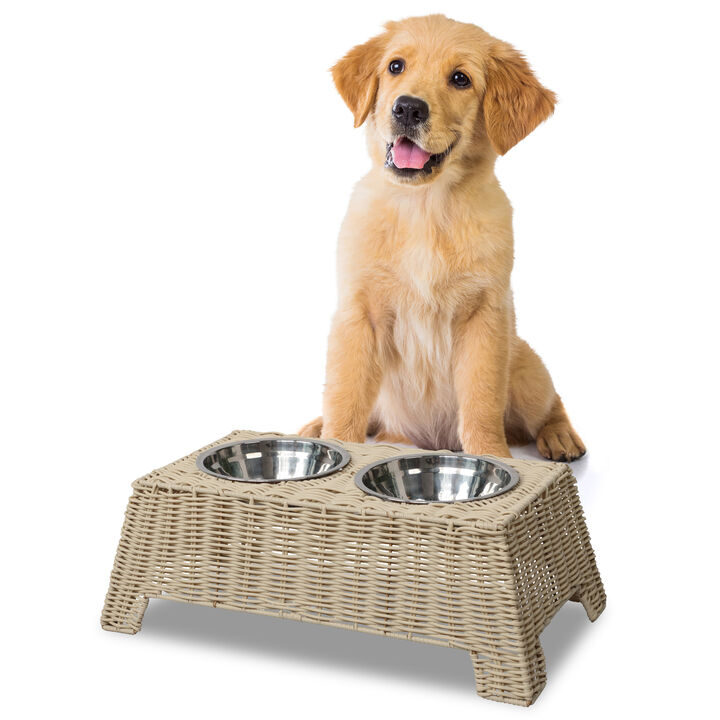 Serenity 6.9" Elevated Wicker Pet Feeder with 18oz (2.2 Cups) 2-Stainless Steel Bowls
