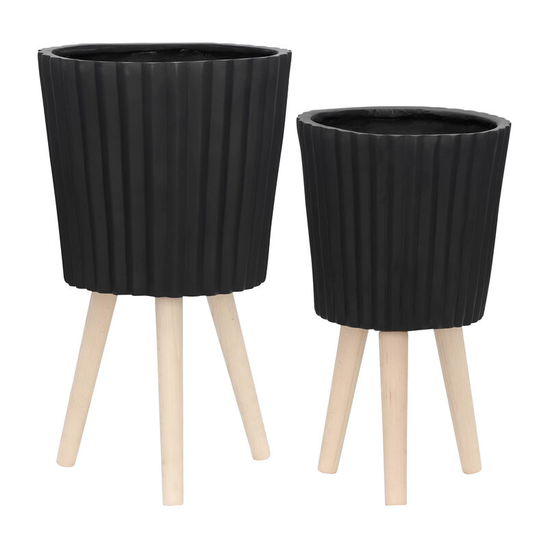 Ridged Planter with Wood Legs, Black Set