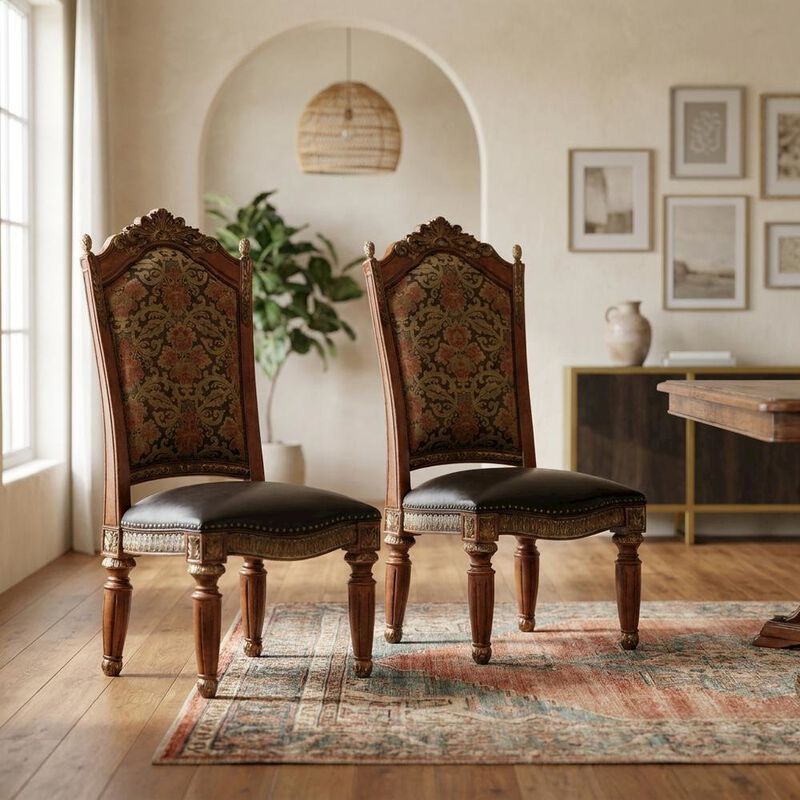 Starlight Canyon Home Classic Chestnut Dining Side Chairs with Leather & Jacquard Upholstery, Set of 2 image number 6