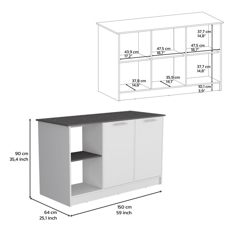 Coral Kitchen Island with Large Countertop, Open Storage Shelves and Double Door Cabinet, White / Onyx -Kitchen