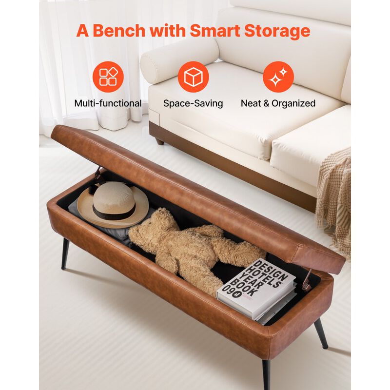 Modern Leather Storage Ottoman Bench with Metal Legs, Entryway Shoe Bench Seat, Brown image number 6