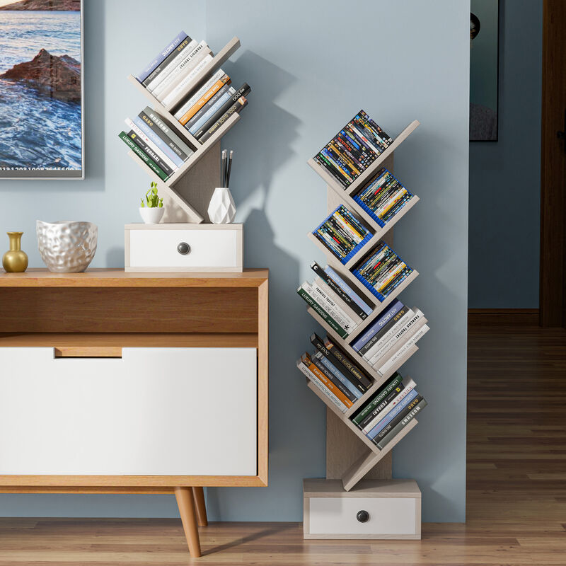 5-Tier Floor Standing Tree Bookcase with Drawer
