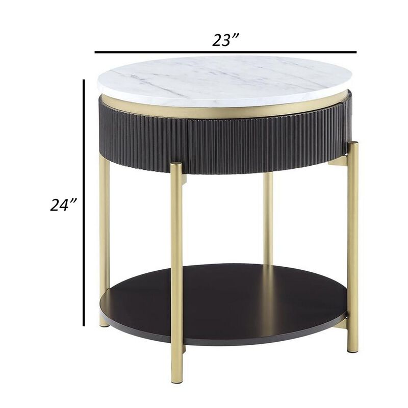 Ville 23 Inch Round Side End Table, White Faux Marble Top Brown Reeded Edge - Benzara