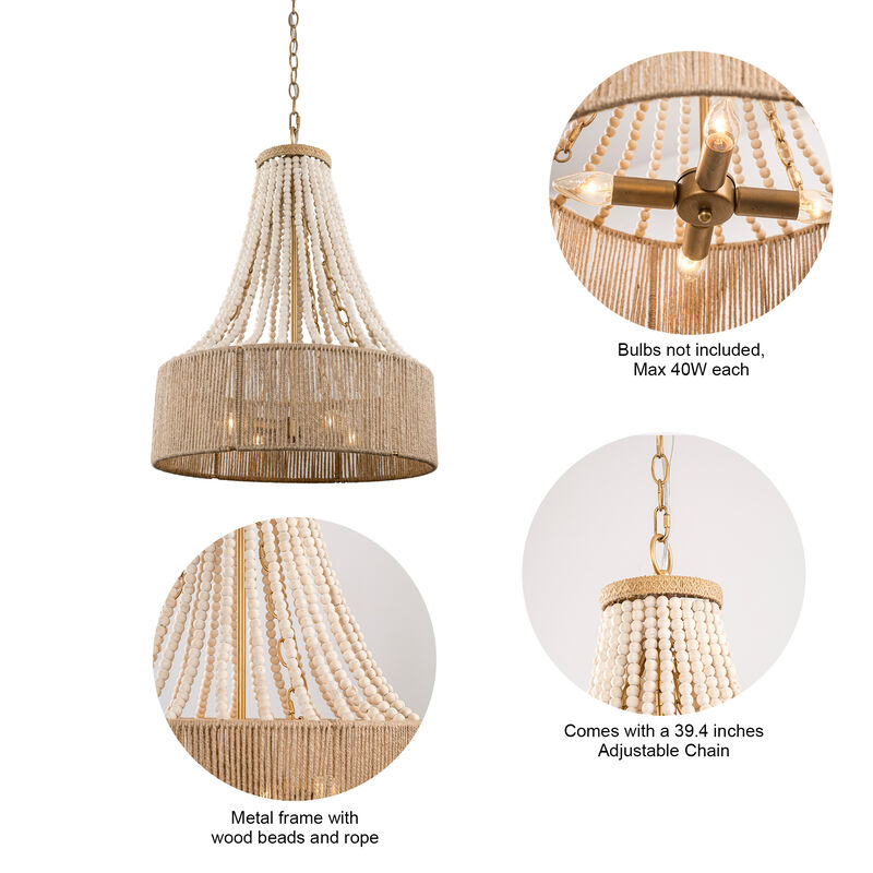 4-Light Bohemiann Woven Hemp Rope Wood Beads Chandelier