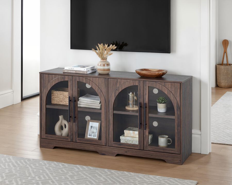 4‑Door Arched Glass Storage Sideboard, Rustic Buffet Storage Cabinet for Living Room Entryway