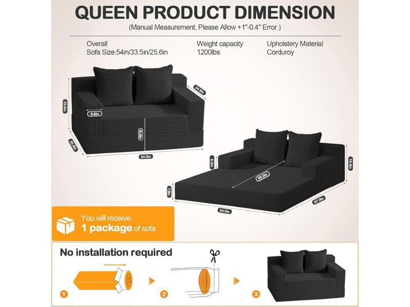 Loveseat Sofa Bed &ndash; Black Corduroy Convertible Couch with Fold‑Out Design & 2 Pillows image number 2