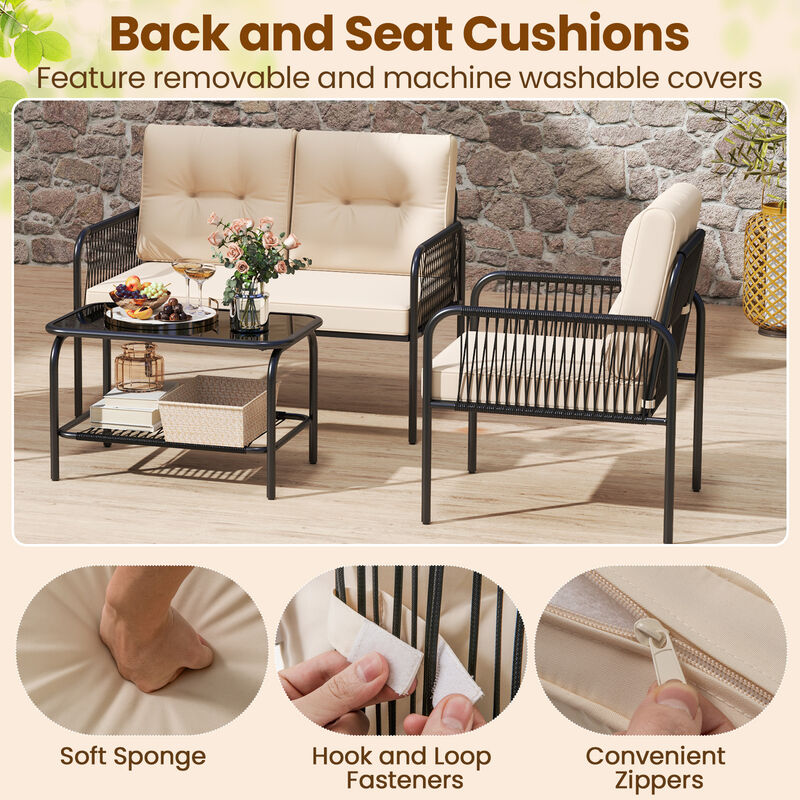 Patio Conversation Set &ndash; 4-Piece PE Wicker Sofa Set with Cushions and Table