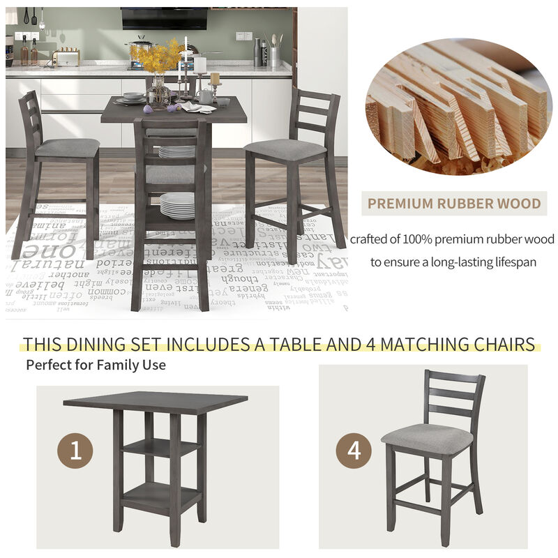 Whisen 5-Piece Wooden Counter Height Dining Set with Padded Chairs and Storage Shelving - Gray