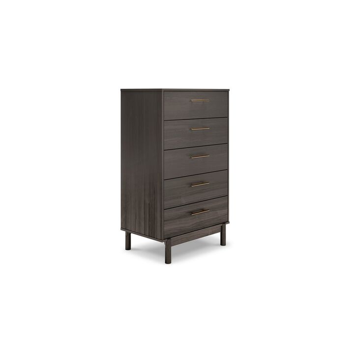 Dien 50 Inch Modern 5 Drawer Tall Dresser Chest, Gray, Gold Metal Handles-Benzara