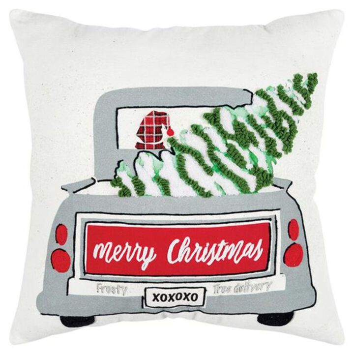 Homezia Ivory Frosty Christmas Tree on Truck Throw Pillow